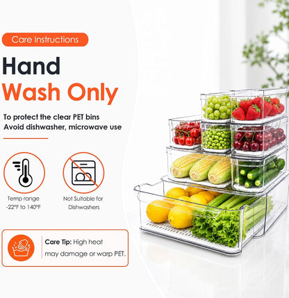 SMRCAD 6 Pack Clear Fridge Organizer Bins with Drain Trays - Stackable | BPA-Free PET, 6 Pack: 6 lidded Bins (Not drawer), Helps Keep Produce Fresh, 14L Capacity, Hand Wash Only