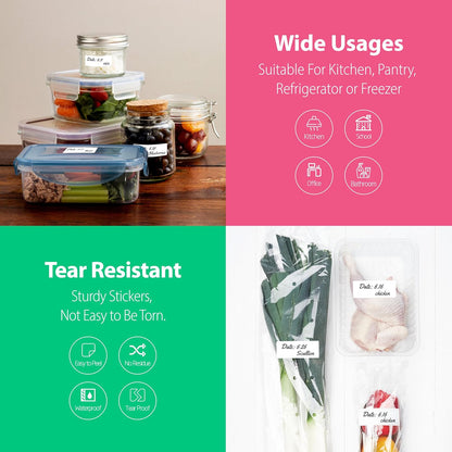 1000 Removable Food Labels, Water/Oil/Tear Resistant Blank Stickers with Perforation Line for Food Containers, Freezer, Fridge, Jars, Pantry, Organization (1” x 2”)