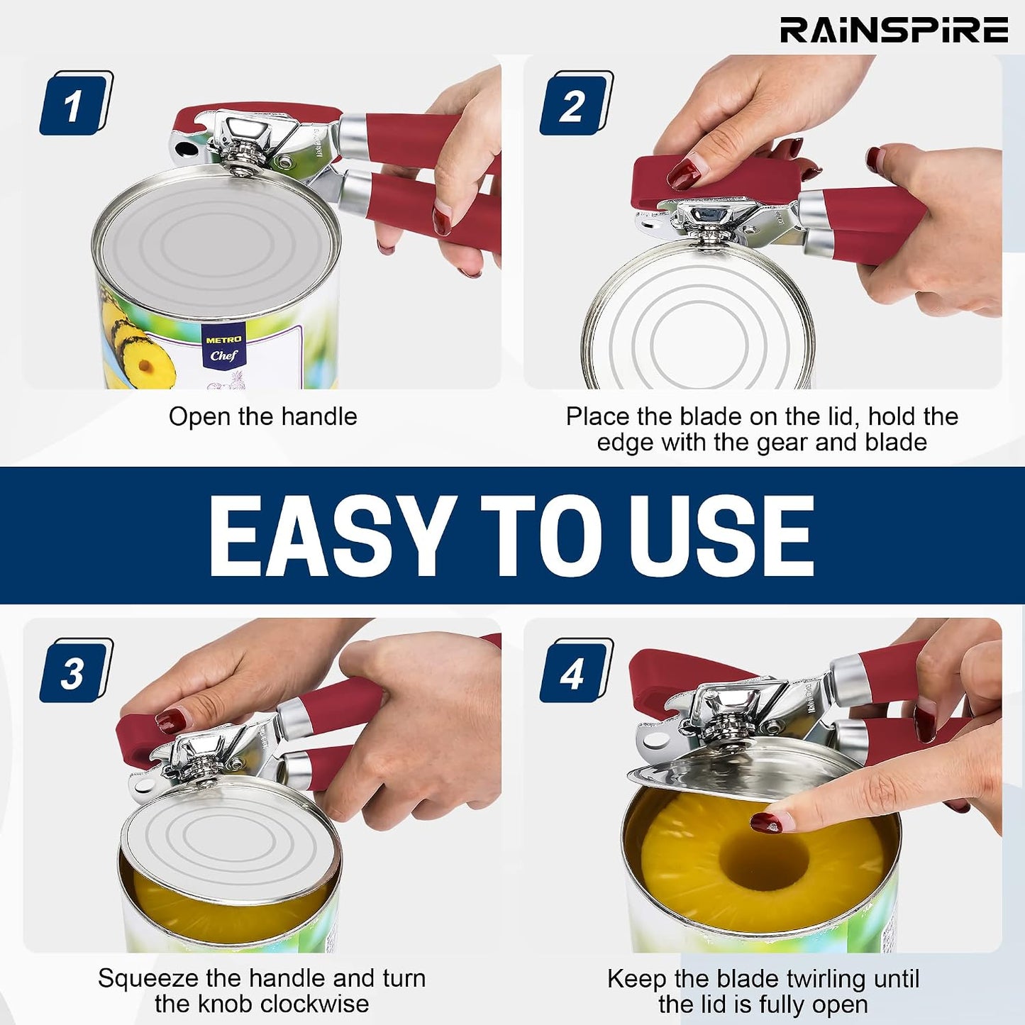 Rainspire Can Opener Manual Handheld Strong Manual Can Opener Smooth Edge Cut, Can Opener Heavy Duty, Comfortable Soft Handle, Built-in Bottle Opener, Turquoise