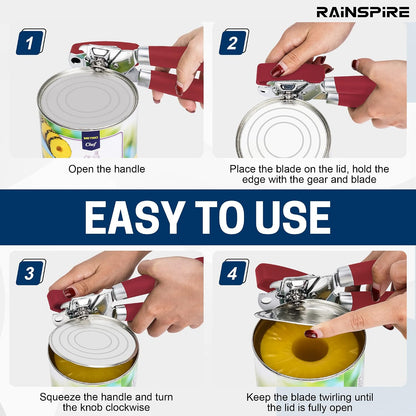 Rainspire Can Opener Manual Handheld Strong Manual Can Opener Smooth Edge Cut, Can Opener Heavy Duty, Comfortable Soft Handle, Built-in Bottle Opener, Turquoise