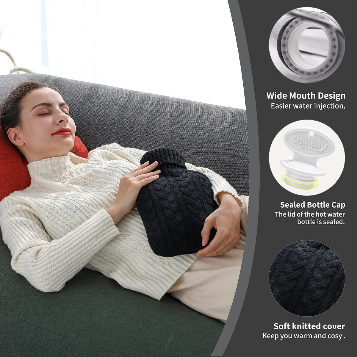 samply 2L Hot Water Bottle with Knitted Cover, Hot Water Bag, Purple