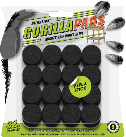 Slipstick GorillaPads CB147 Non Slip Furniture Pads/Gripper Feet (Set of 16) Self Adhesive Rubber Floor Protectors, 1 inch Round, Black