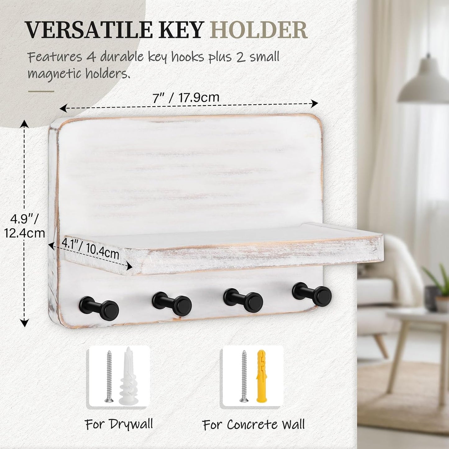 Nekon Key Holder for Wall with Shelf, Pine Wooden Key Hanger, Black | Small Wall Mounted Key Holder with 4 Hooks, Farmhouse Wall Organizer for Home Entryway & Apartment