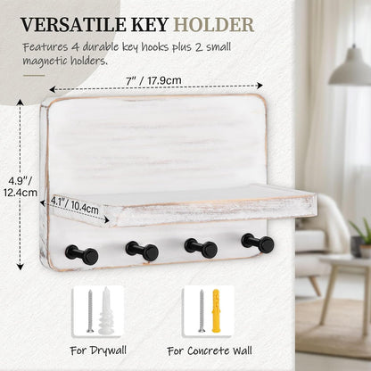 Nekon Key Holder for Wall with Shelf, Pine Wooden Key Hanger, Black | Small Wall Mounted Key Holder with 4 Hooks, Farmhouse Wall Organizer for Home Entryway & Apartment