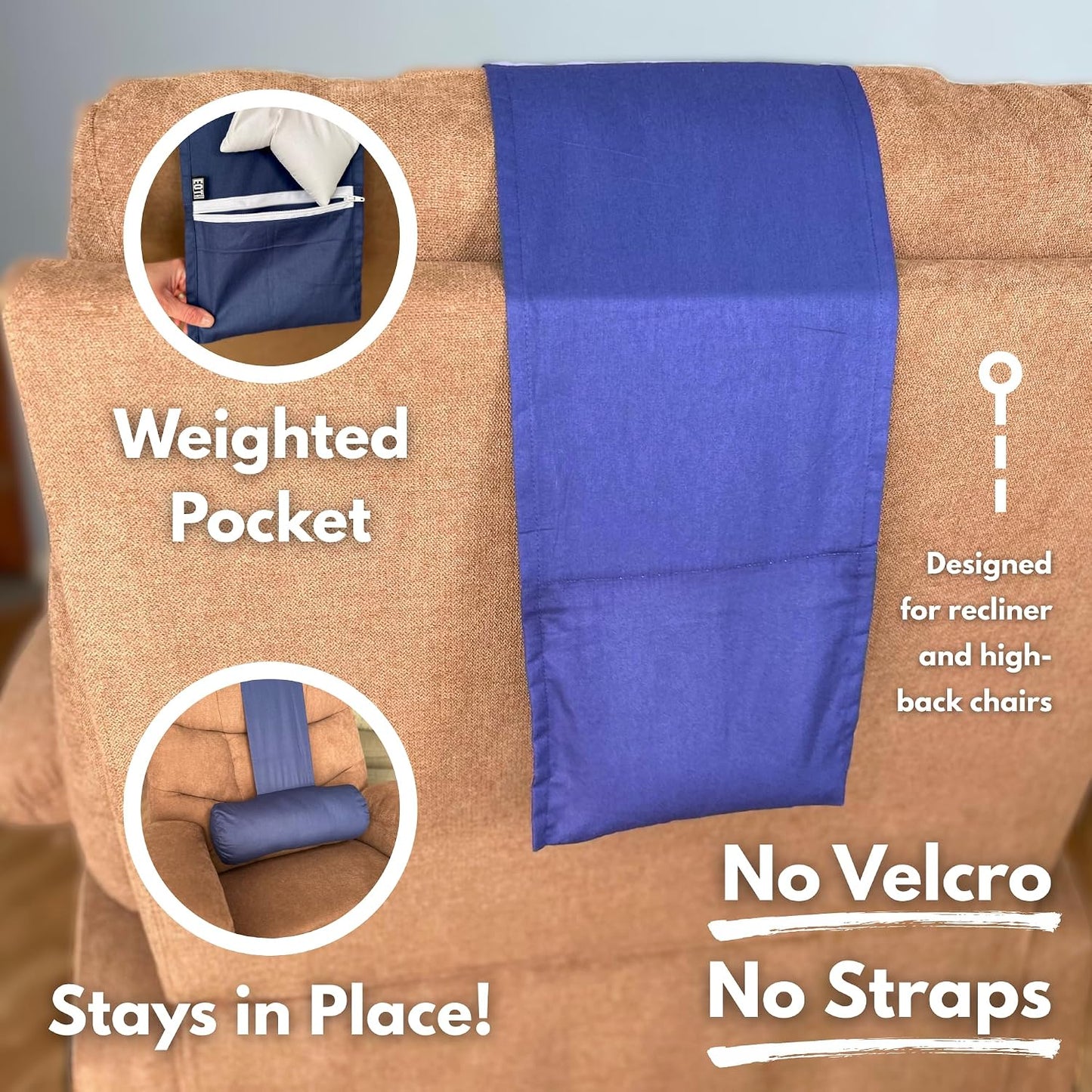 Recliner Pillow for Lumbar, Neck, and Cervical Support, Sleep, Couch, Office Chair, Headrest, Weighted, No Velcro Required, (Black)