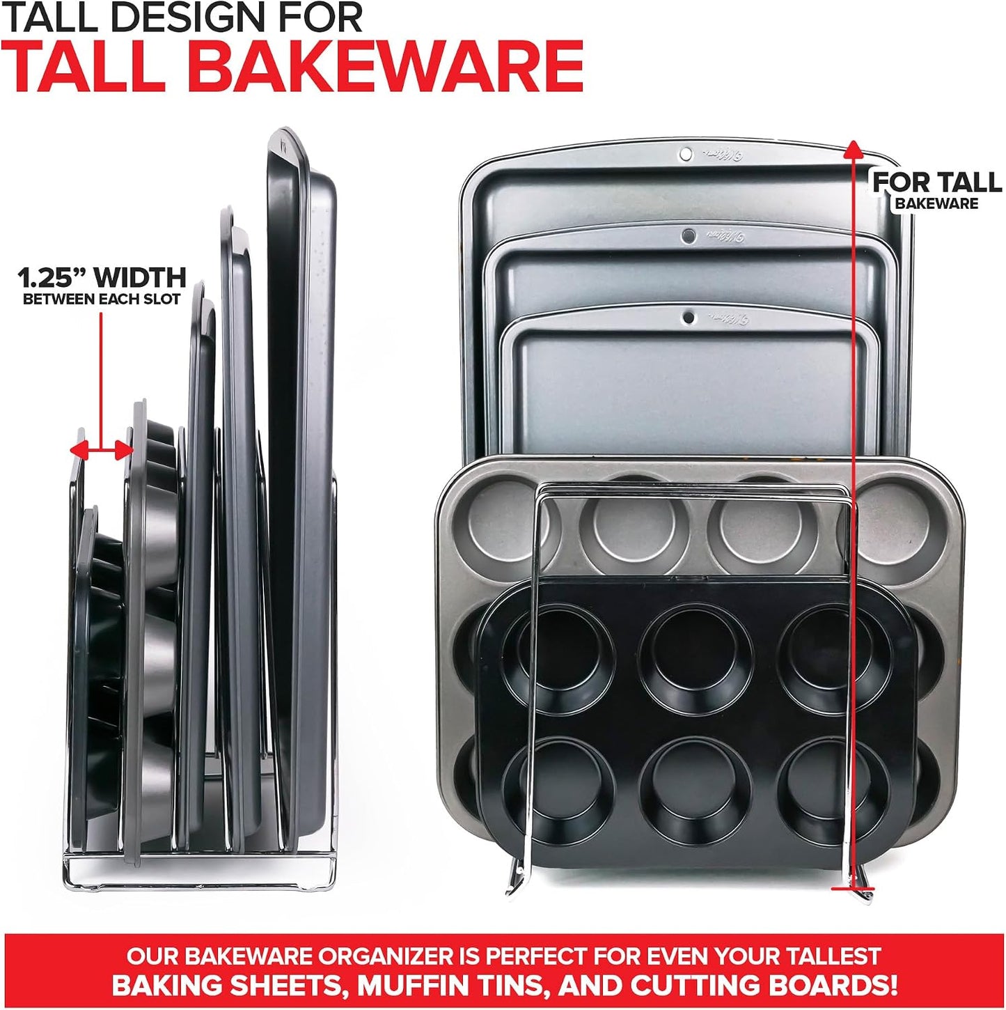 Stock Your Home Black (2 Pack) Extra Tall Steel Baking Pan Organizer Rack for Cabinet Storage or Kitchen Counter, Cookie Baking Sheet Organizer with Dividers, Muffin Tin and Cutting Board Holder