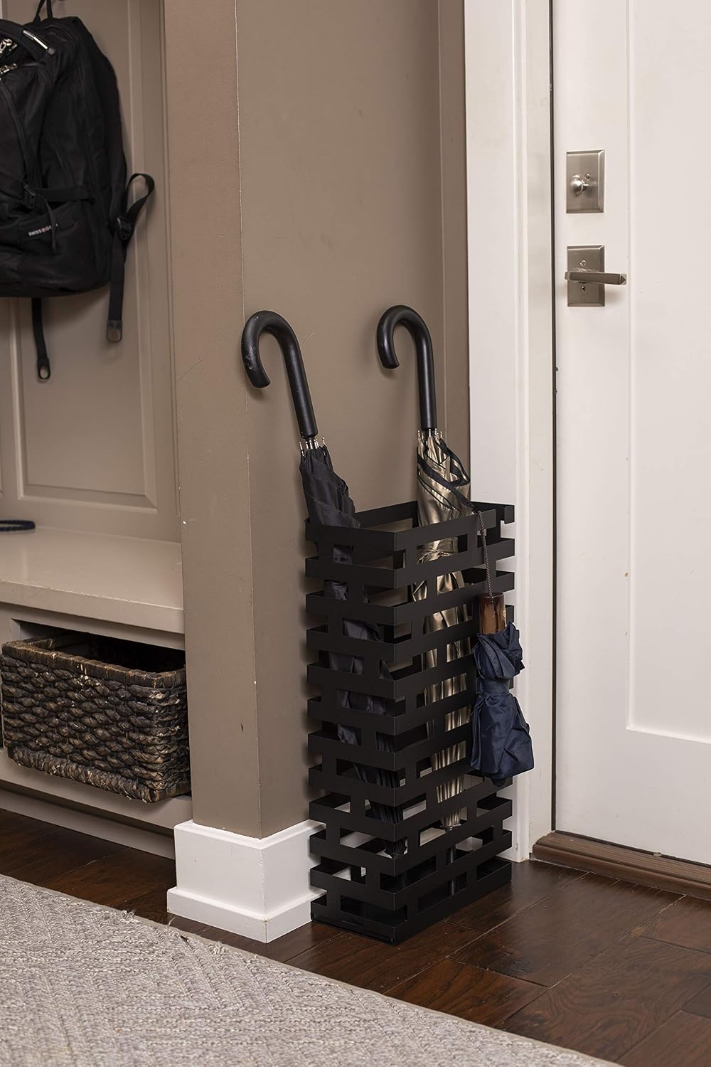 BIRDROCK HOME Decorative Umbrella Stand with Removable Water Tray - Large Freestanding Umbrella Rack and Cane Walking Stick Organizer - Metal Umbrella Holder for Entryway & Indoor Use - Black, Striped | Decorative Large Freestanding Rack and Cane Walking