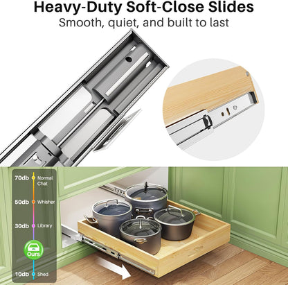 Pull Out Cabinet Organizer, Soft Close Wooden Slide Out Drawers for Pots and Pans, Full-extension Roll Out Shelves for Kitchen Cabinets, Pantry Organization, Bottom & Side Mount(15"W X 21"D x 3.4''H)