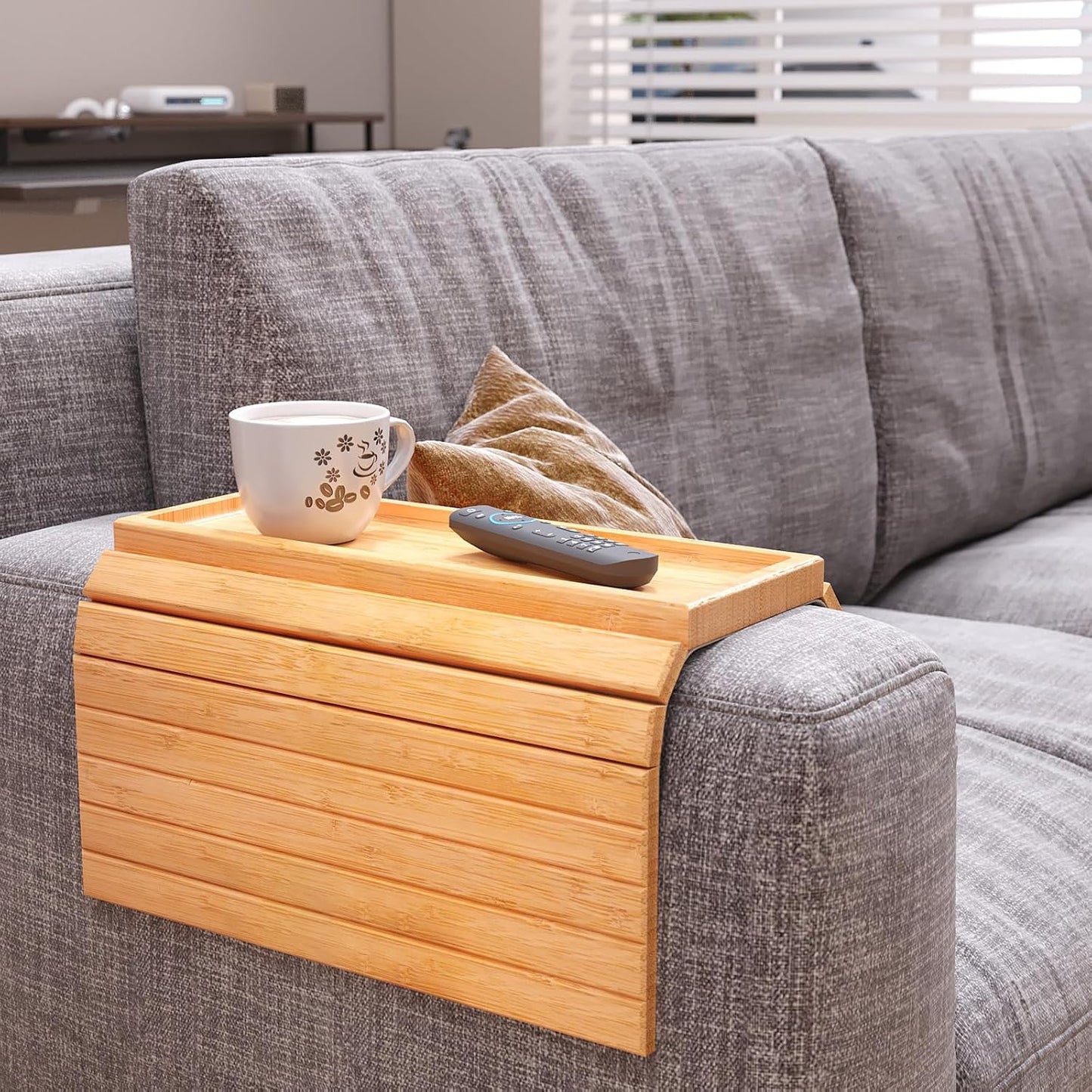 Bamboo Folding Sofa Arm Tray with Anti-Slip Pad (Natural) | Couch Armrest Tray,Foldable Build, Space-Saving Storage, No Assembly, easy to clean, universal arm fit,Gift box