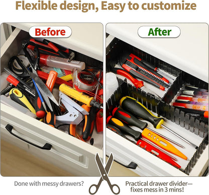 Adjustable Drawer Dividers, Cut-to-Fit DIY Organizers, White,16 Pack | For Tidying Cutlery, Makeup, Clothes and Dresses in Drawers, Desks and Storage Boxes for Kitchen, Bathroom, Bedroom & Office