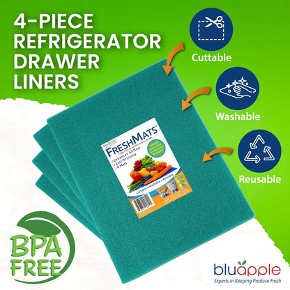 Bluapple FreshMats - Refrigerator Bin Liners, Fridge Drawer Mats - Keeps Produce Fresh Longer, Prevents Bruising, Promotes Air Circulation - BPA-Free Polyurethane Foam - (4-Piece Set, 12"x15", Green)