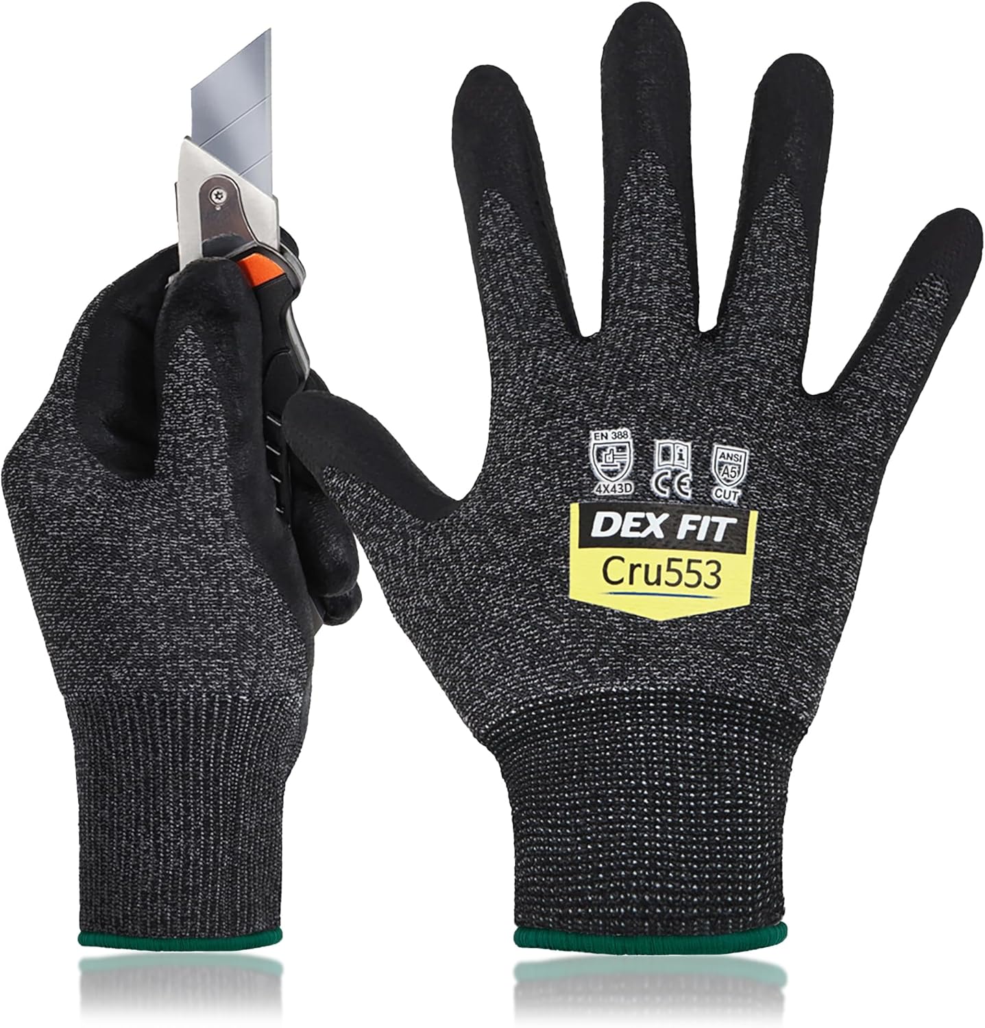 DEX FIT Level 5 Cut Resistant Gloves Cru553, 3D-Comfort Fit, Firm Grip, Thin & Lightweight, Touch-Screen Compatible, Durable, Breathable & Cool, Machine Washable; Grey L (9) 1 Pair