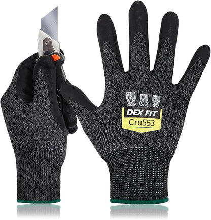 DEX FIT Level 5 Cut Resistant Gloves Cru553, 3D-Comfort Fit, Firm Grip, Thin & Lightweight, Touch-Screen Compatible, Durable, Breathable & Cool, Machine Washable; Grey L (9) 1 Pair
