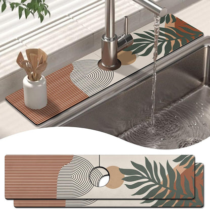 Kitchen Sink Splash Guard Faucet Mat 24" X 5.5" Tropical Leavesl Absorbent Fast Drying Mat Faucet Draining Mat Sink Splash Guard Behind Faucet Drip Catcher for Kitchen Bathroom