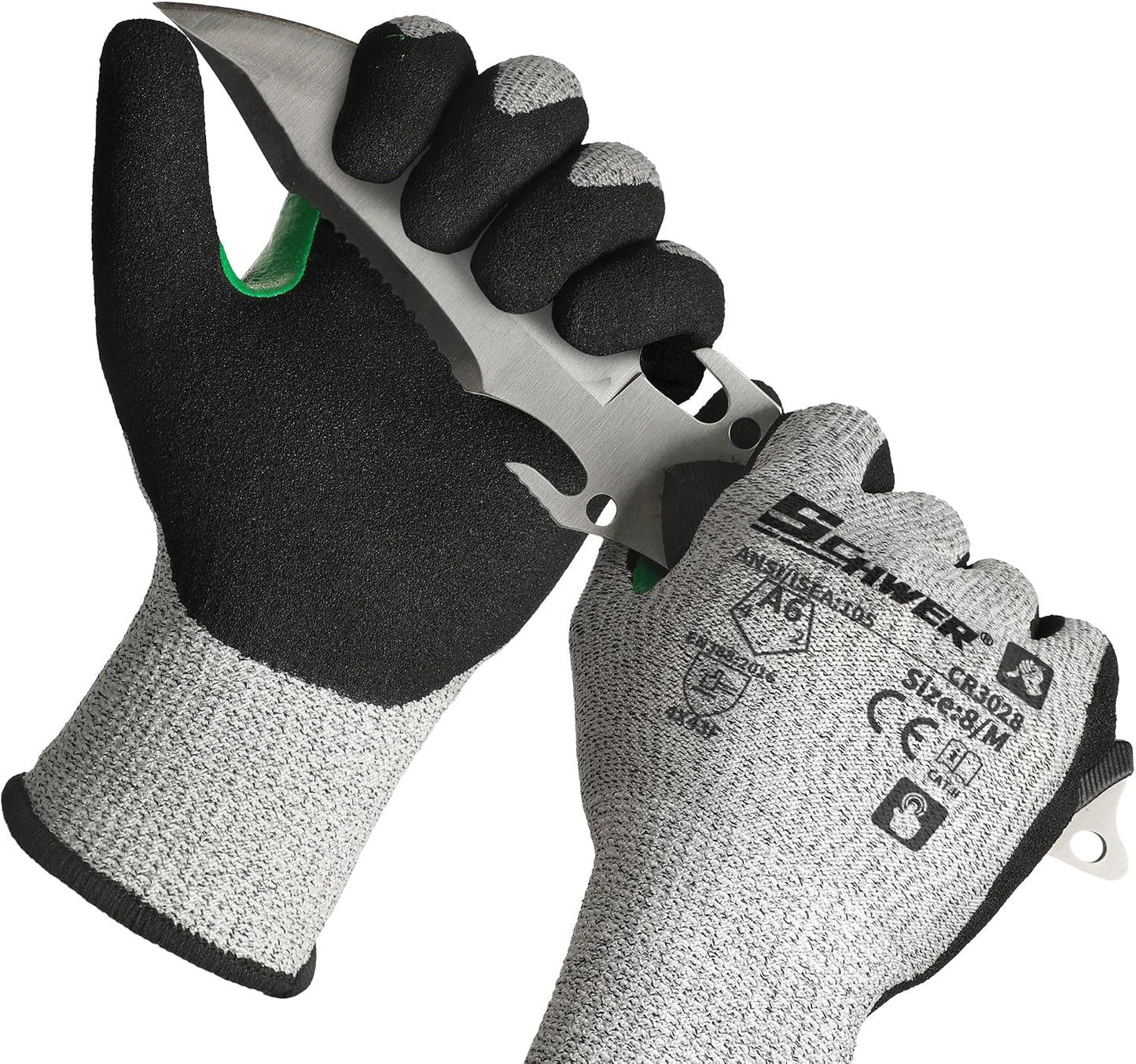 Schwer 2 Pairs A7 Cut Resistant Work Gloves, Touchscreen, CR3027, L | Sandy Nitrile Coated, Superior Grip, Used for Woodworking, Glass Cutting, Construction, Cargo Handling, Gardening, Car Repair