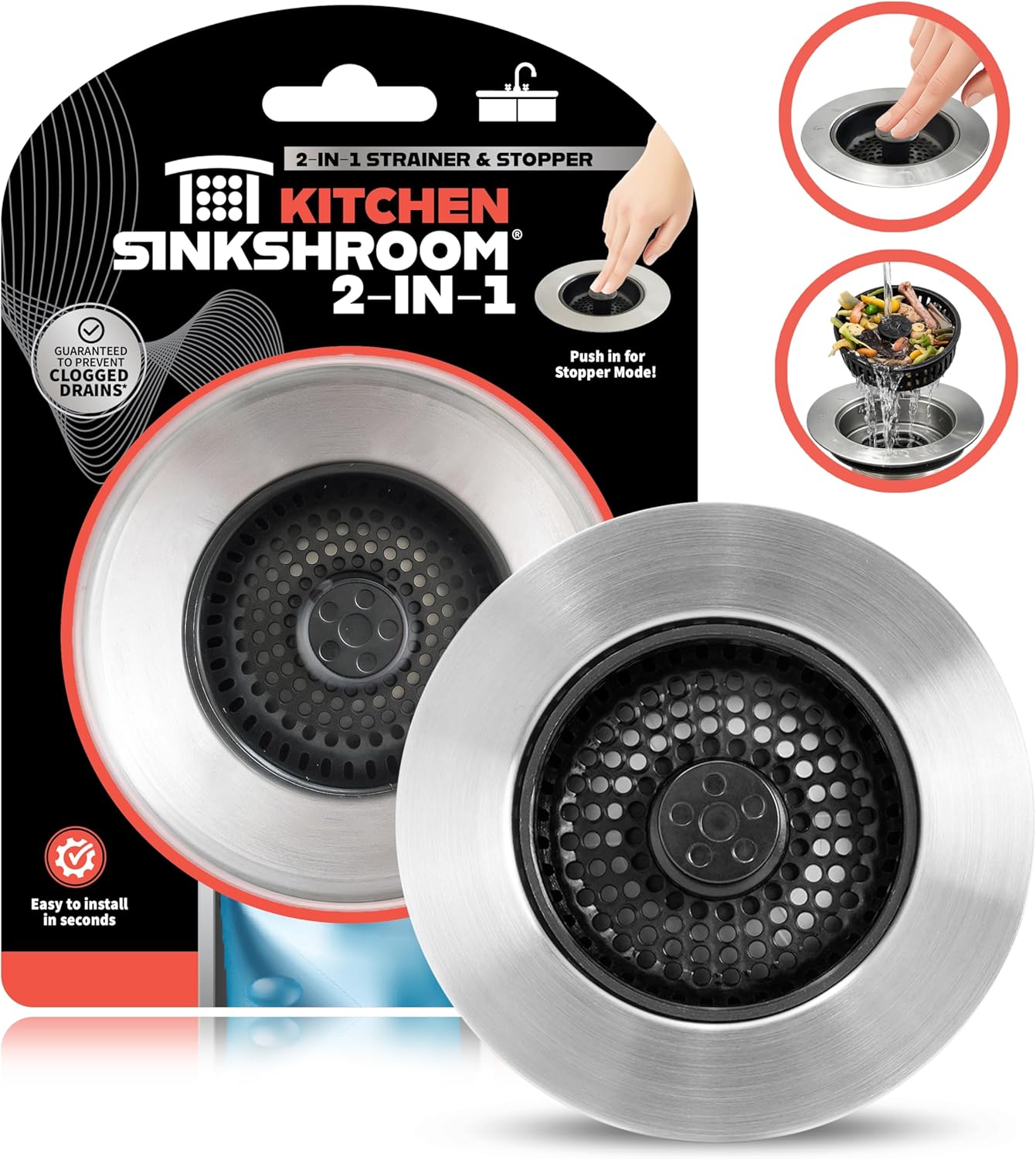 Kitchen SinkShroom Revolutionary Clog-Free Stainless Steel Sink Strainer, Black, 1-(Pack)