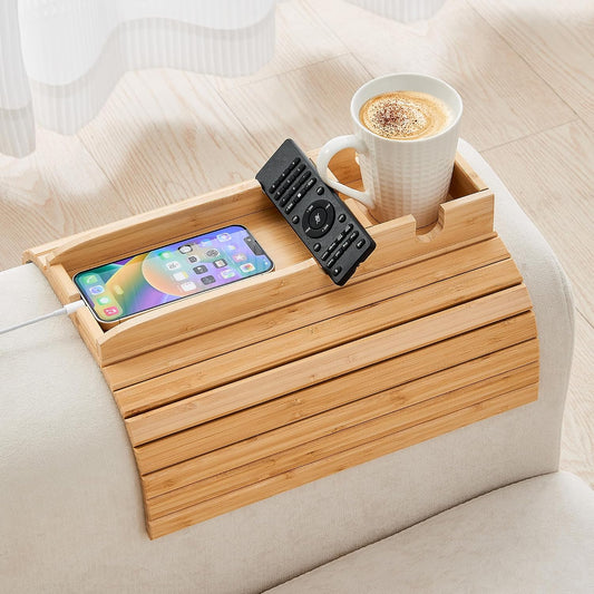 GEHE Bamboo Couch Cup Holder, Anti-Spill Sofa Arm Tray, Natural and Easy to Clean Couch Arm Cup Holder Armrest Tray Perfect for Cups, Beers, Snacks, Remote Control, Drinks
