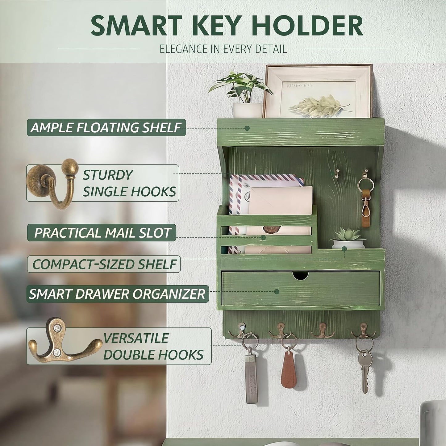 Rebee Vision Key Holder Wall Mount with Drawer Organizer for Entryway,Brown | Pine Wood, 6 Key Hooks, Display Shelf for Plants, Mail Slot for Storage Letter, Multi-Funtional Design, Home Storage