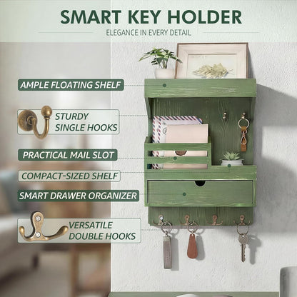 Rebee Vision Key Holder Wall Mount with Drawer Organizer for Entryway,Brown | Pine Wood, 6 Key Hooks, Display Shelf for Plants, Mail Slot for Storage Letter, Multi-Funtional Design, Home Storage