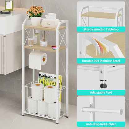 HapiRm Freestanding Toilet Paper Holder - 4-Tier Bathroom Tissue Organizer with Wood Shelves and Large Basket, Toilet Paper Holder Stand for Bathroom, Laundry Room, Apartment - Black（Large）