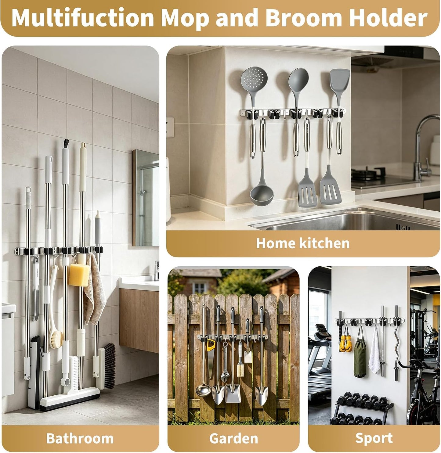 Broom Holder Wall Mount, Mop Organizer, 5 Racks, 4 Hooks, Heavy Duty | Rust-Resistant Stainless Steel, Non-Slip Grip, Adhesive or Screw Mount for Garage, Laundry Room and Garden Use, 1 Pack,Silver