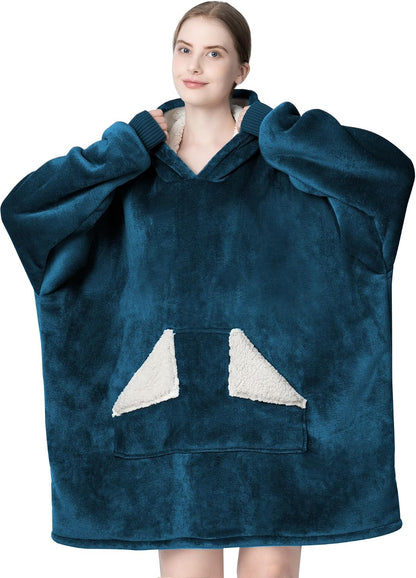 Wearable Blanket Hoodie, Oversized Sherpa Fleece Sweatshirt Blanket with Giant Hood Pocket and Sleeves for Adult, Warm & Cozy Grey Blanket Gifts for Women