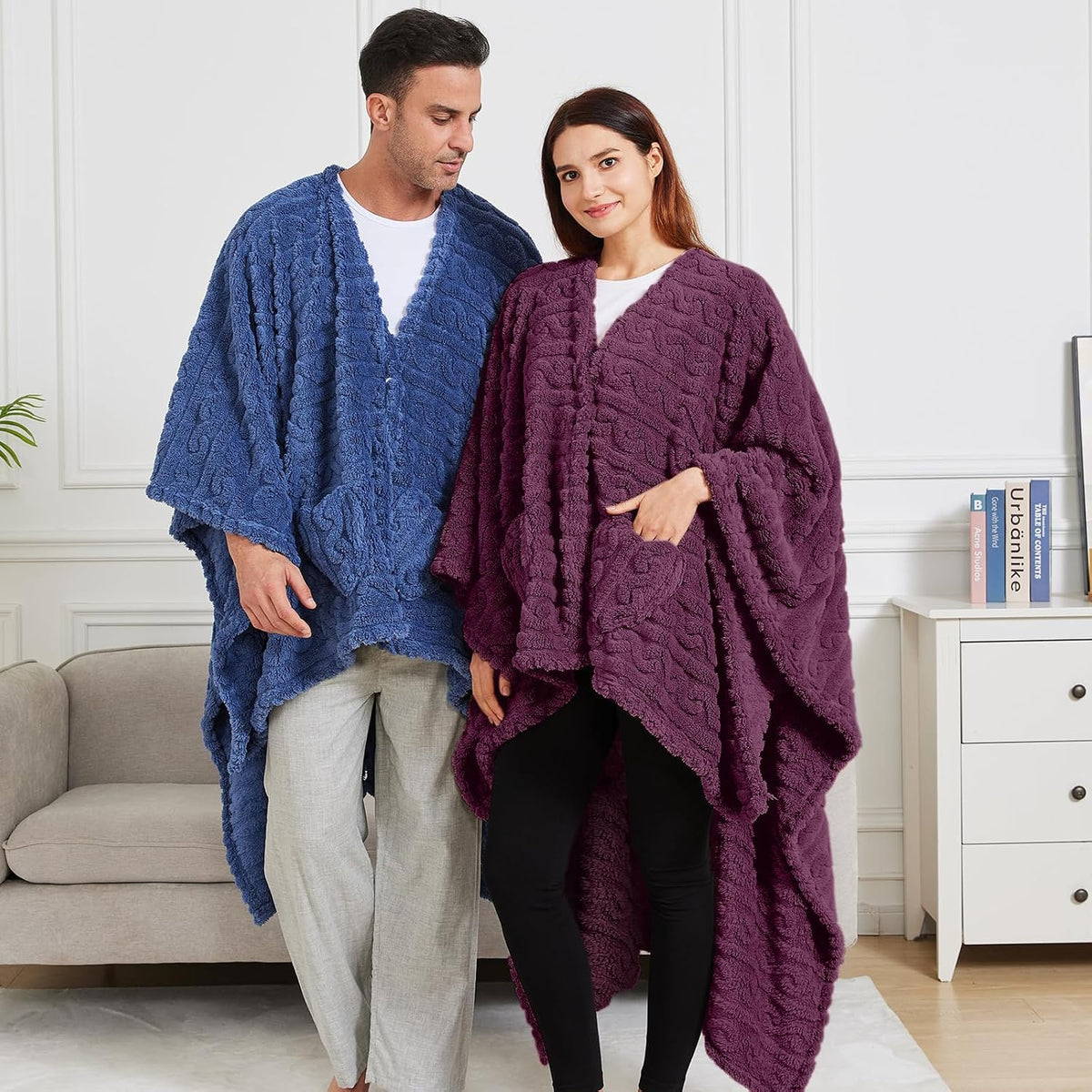 Wearable Blanket Sherpa Fleece Shawl Blanket with Pockets Blanket Poncho Cape for Adults, Cozy Shawl TV Throw Blankets