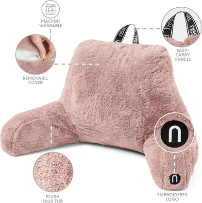 Nestl Fur Reading Pillow with Shredded Memory Foam, Stylish Back Pillow for Bed Sitting Up, Faux Fur Reading Pillows for Sitting in Bed Adult & Kids, Sit Up Back Support Pillow with Arms - Dark Grey