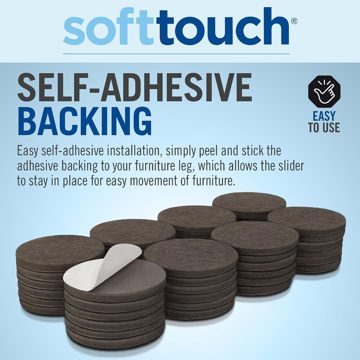 SoftTouch Assorted Size Round Mini Self-Stick Furniture Slider Felt Pads for Hard Surfaces, Noise-Reducing Adhesive Furniture Moving Pads for Beds, Sofas, Dressers, 46-Count, Brown