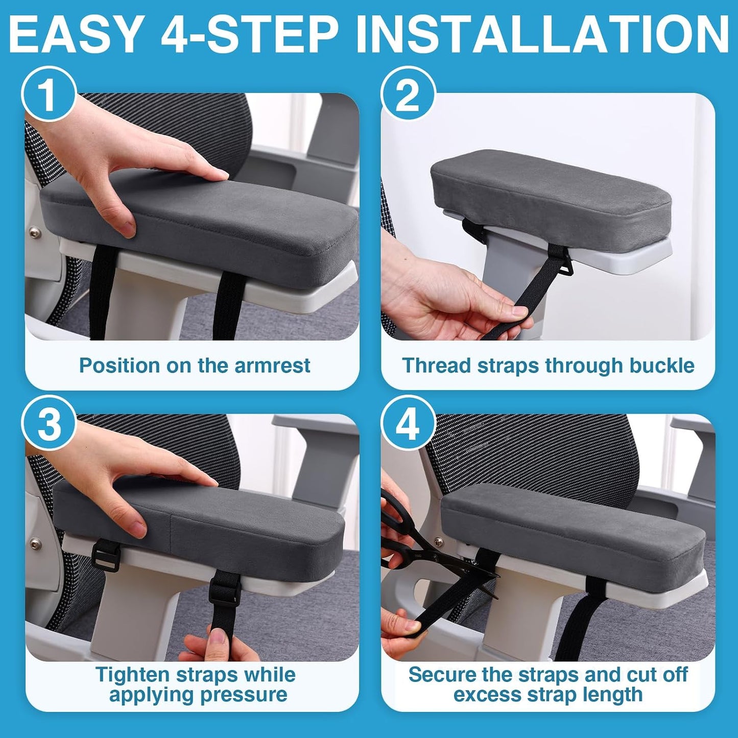 Smiry Memory Foam Office Chair Armrest Pads, Non-Slip Armrest Cushion | Ergonomic Arm Rest Pads with Adjustable Buckles and Straps, Elbow Relief for Desk, Gaming & Wheelchair, Black, Set of 2