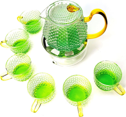 Glass Filtering Tea Maker Teapot with a Warmer and 6 Double-walled Tea Cups Set (Heating base, Standard)