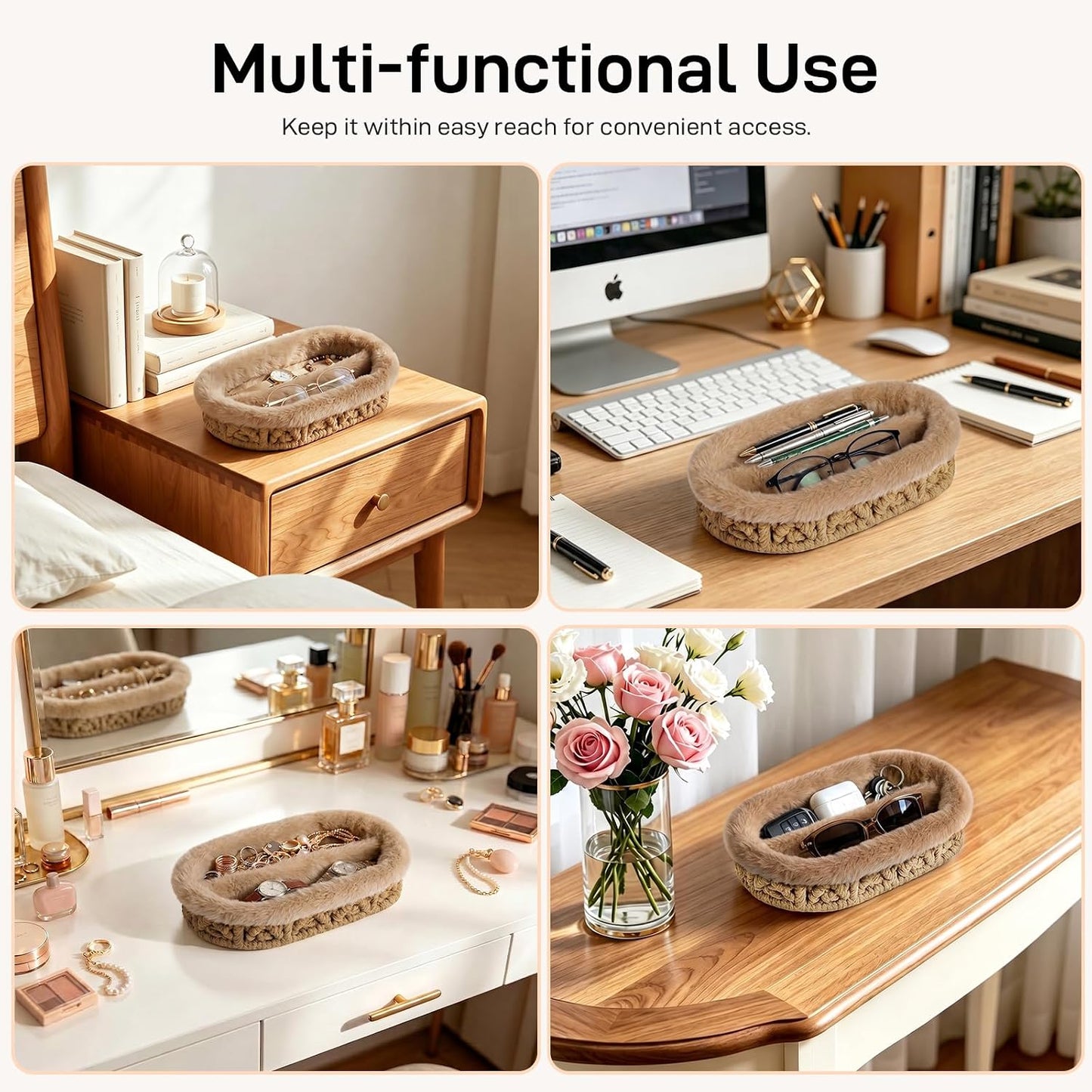 Glasses Holder, Anti-scratch Plush Lined Eyeglass Holder Stand | Oval Eye-glasses Storage Organizer Case for Nightstand, Office Desk, Bedside Table, Beige