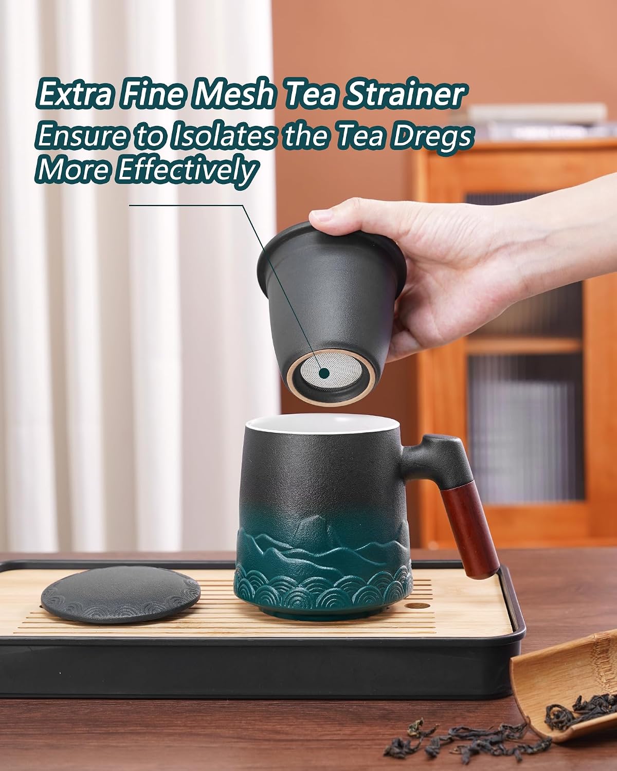 ZENS Tea Mug with Infuser and Lid for Loose Leaf Tea Steeper, 16.9oz Moss | Embossed Ceramic Tea Cup with Infuser for Herbal Tea Difussers, Tea Lovers Gifts, Nature Wood Handle