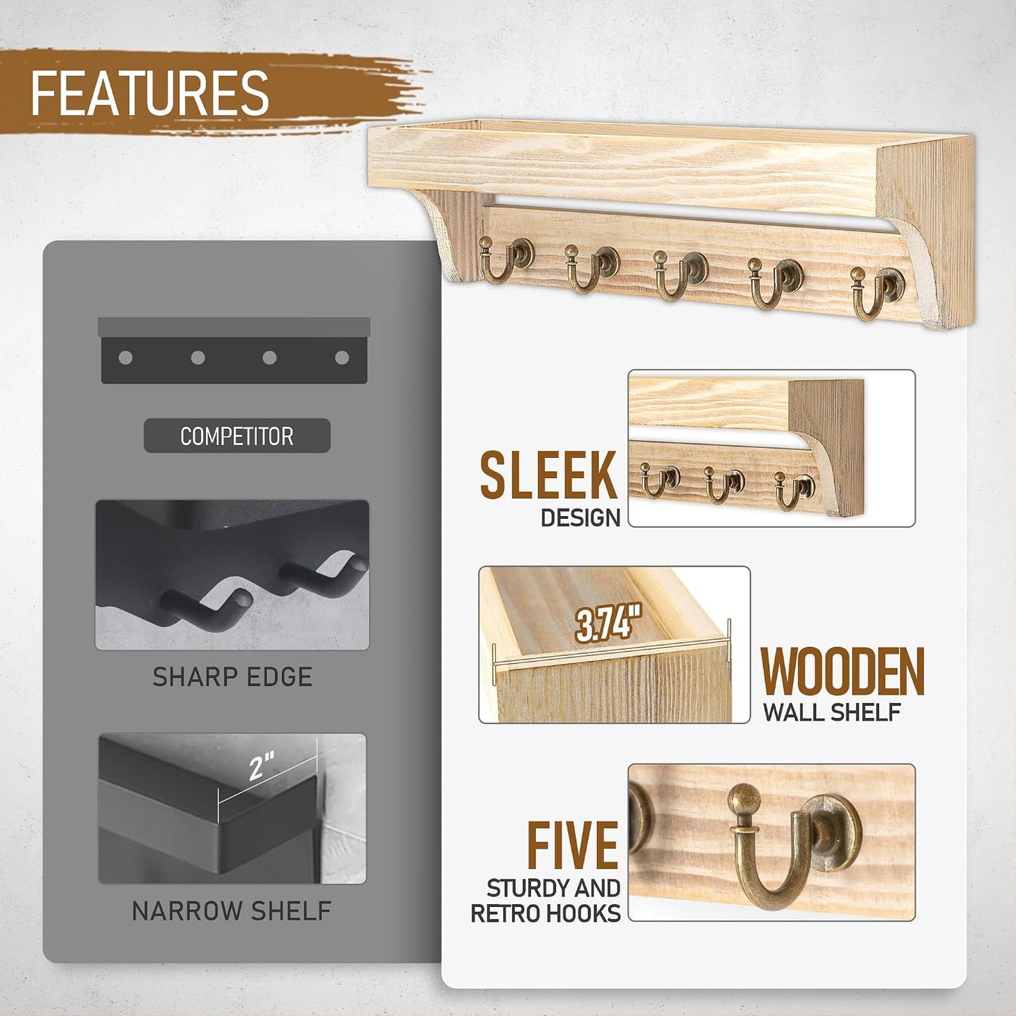 Rebee Vision Key Holder Wall Mount with 5 Hooks for Entryway, Retro Brown | Display Shelf for Plant & Letters, Key Shelf for Hats, Dog Leashes, Mail Organizer, Decorative Entryway & Living Room