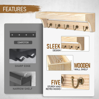 Rebee Vision Key Holder Wall Mount with 5 Hooks for Entryway, Retro Brown | Display Shelf for Plant & Letters, Key Shelf for Hats, Dog Leashes, Mail Organizer, Decorative Entryway & Living Room
