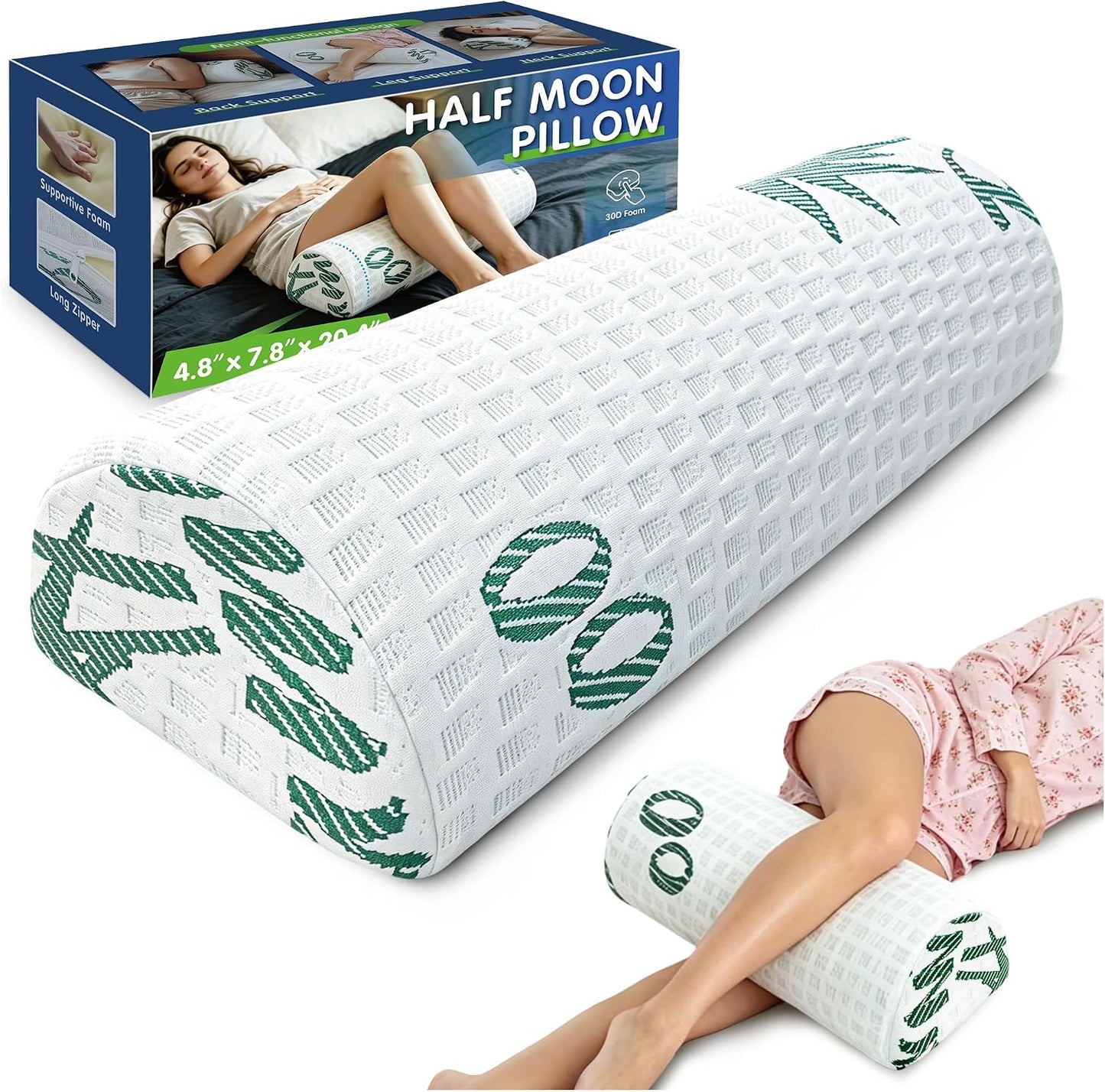 Asatdd Half Moon Bolster for Lower Back Support, Leg, Knee,Back Sleeping, 7.8”x 20.4”x 4.8”