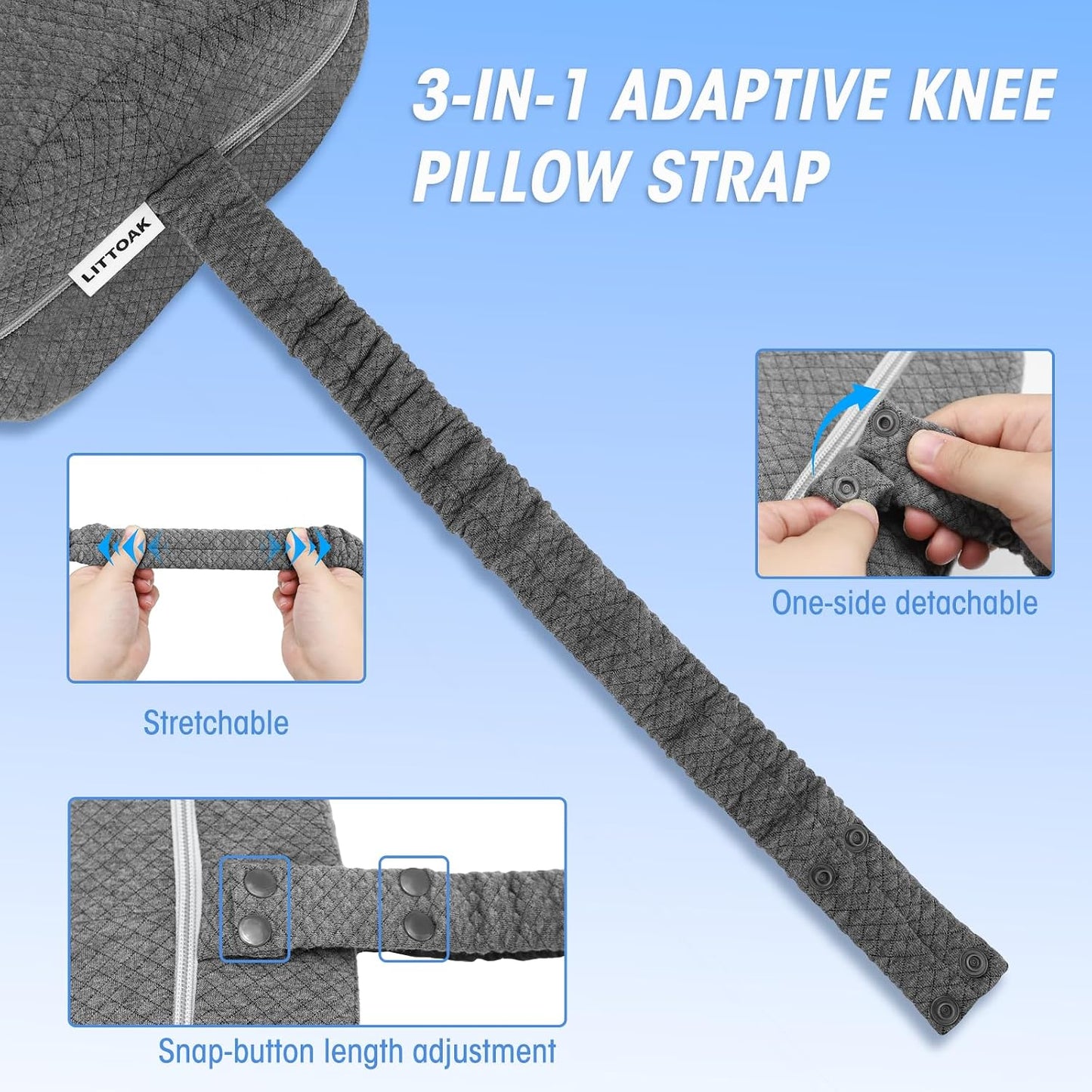 LITTOAK Knee Pillow for Side Sleepers & Sciatica Pain Relief | Leg Pillow for Side Sleeping with Detachable and Adjustable Strap, Two Covers, Blue& Grey, One Pillow Only