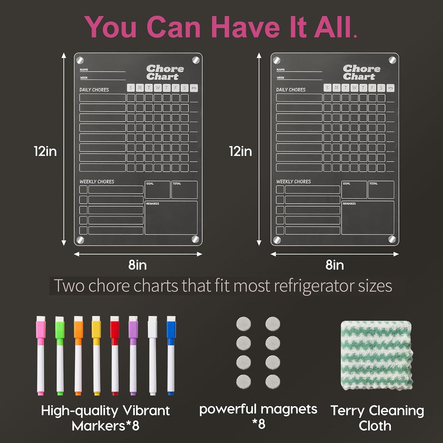 2 Pack Acrylic Magnetic Chore Chart for Kids & Adults on Fridge | 12"x8" Erasable Chore & Reward Board for Kids & Teens - Includes 8 Markers & 1 Towel, Transparent Erasable Checklist, White