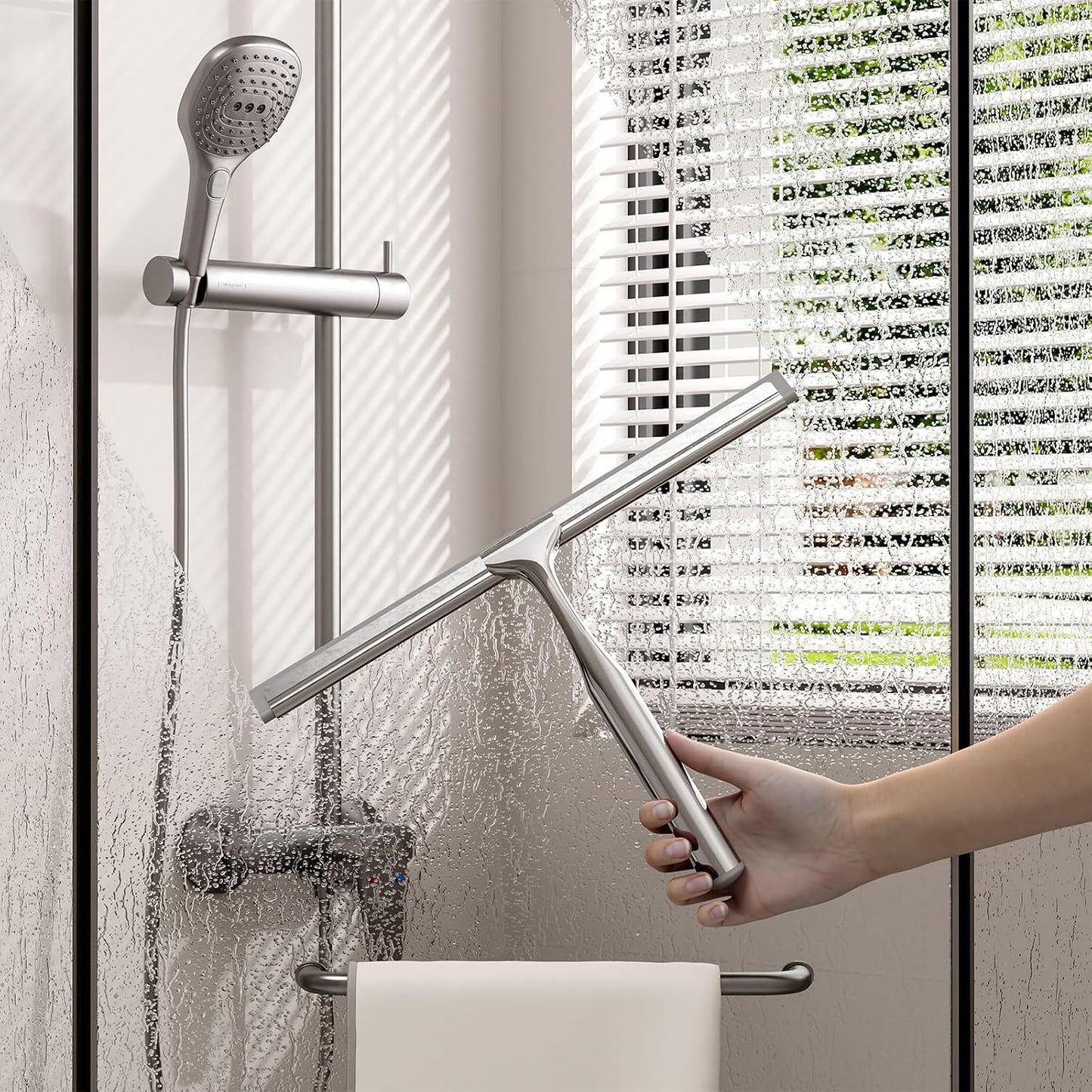 Shower Squeegee for Glass Doors, Stainless Steel Shower Squeegee for Bathroom, Window and Tiles, All-Purpose Squeegee with Adhesive Hook-10”, Chrome