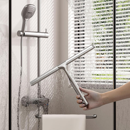 Shower Squeegee for Glass Doors, Stainless Steel Shower Squeegee for Bathroom, Window and Tiles, All-Purpose Squeegee with Adhesive Hook-10”, Chrome