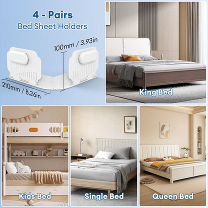 Bed Sheet Holders for Corners & Sides, Fitted Sheet Clips 4 Pairs | For Queen, King, Twin And Full Beds; Easy Install Clips for Fitted Sheets, Deep Pockets, Toppers and Adjustable Beds