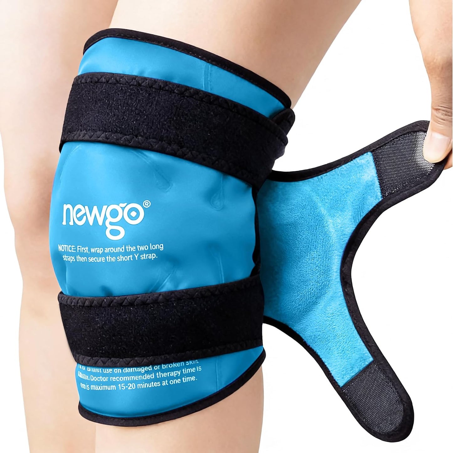 NEWGO Knee Ice Pack Wrap, 360° Full Wrap, Blue | Y-shaped Strap Stays Put, Reusable for Knee Replacement, ACL, Arthritis, Swelling, and Sports Injuries, 21.7" x 9.8"
