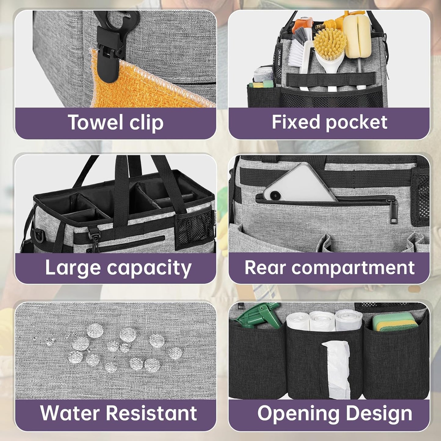 IBVIVIC Wearable Cleaning Caddy Bag for Cleaning Supplies, Black | Cleaning Organizer Tote Bag with Handle & Shoulder Straps Kitchen Cleaning Supplies Storage Bag for Cleaners & Housekeepers