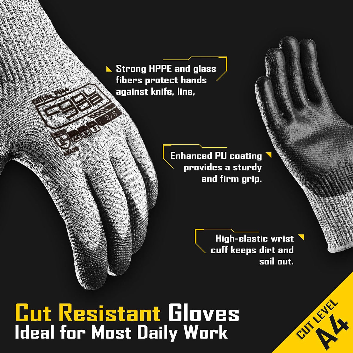 COOLJOB 12/120 Pairs Cut Resistant Work Gloves PU Coating, ANSI A2 A4 A6 A9
