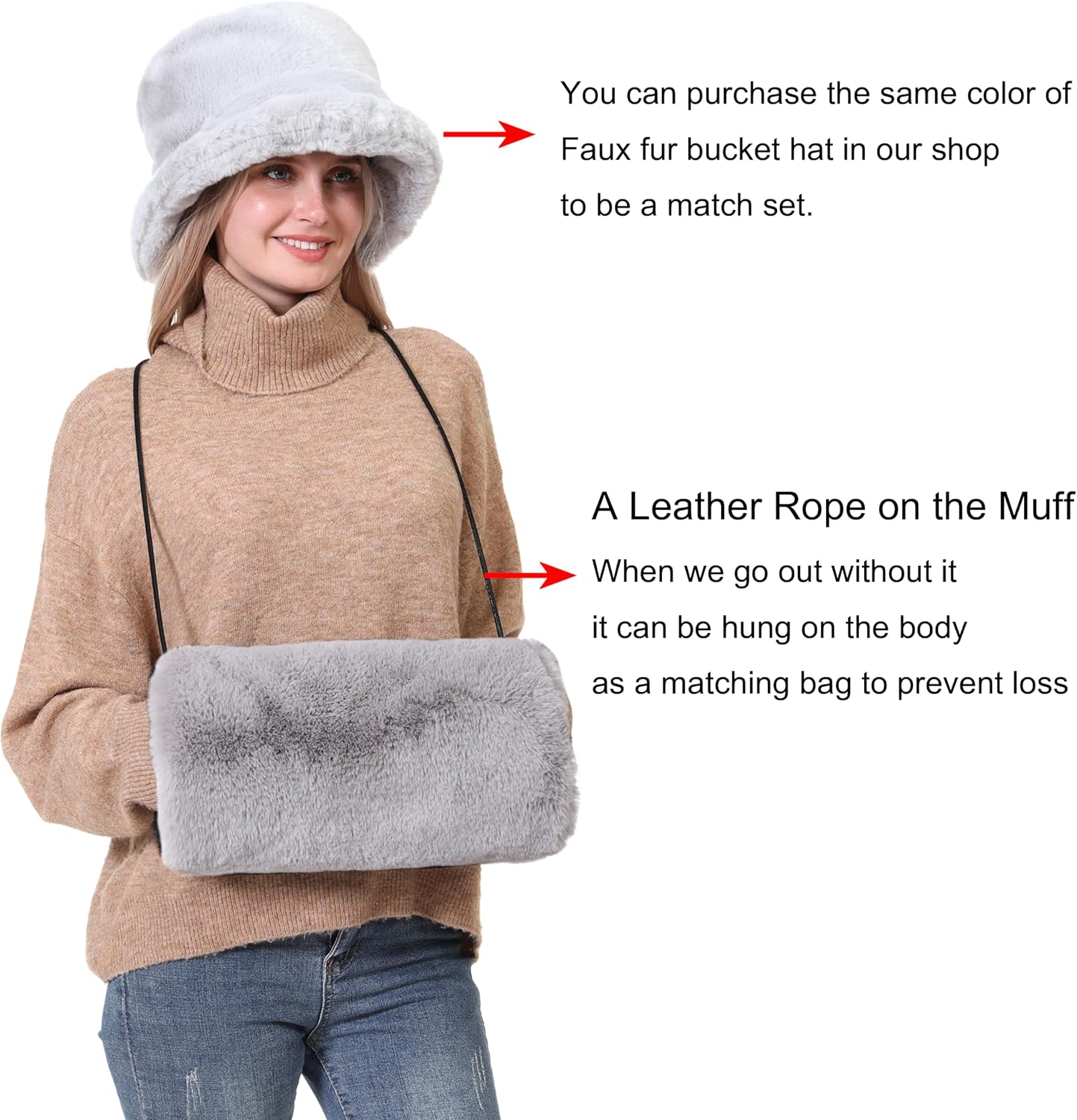 Faux Fur Hand Muff for Women Winter Hand Warm Warmer with PU Leather Strap