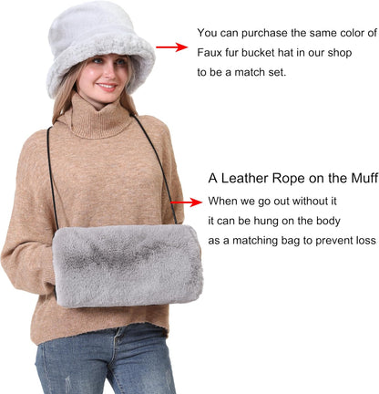 Faux Fur Hand Muff for Women Winter Hand Warm Warmer with PU Leather Strap