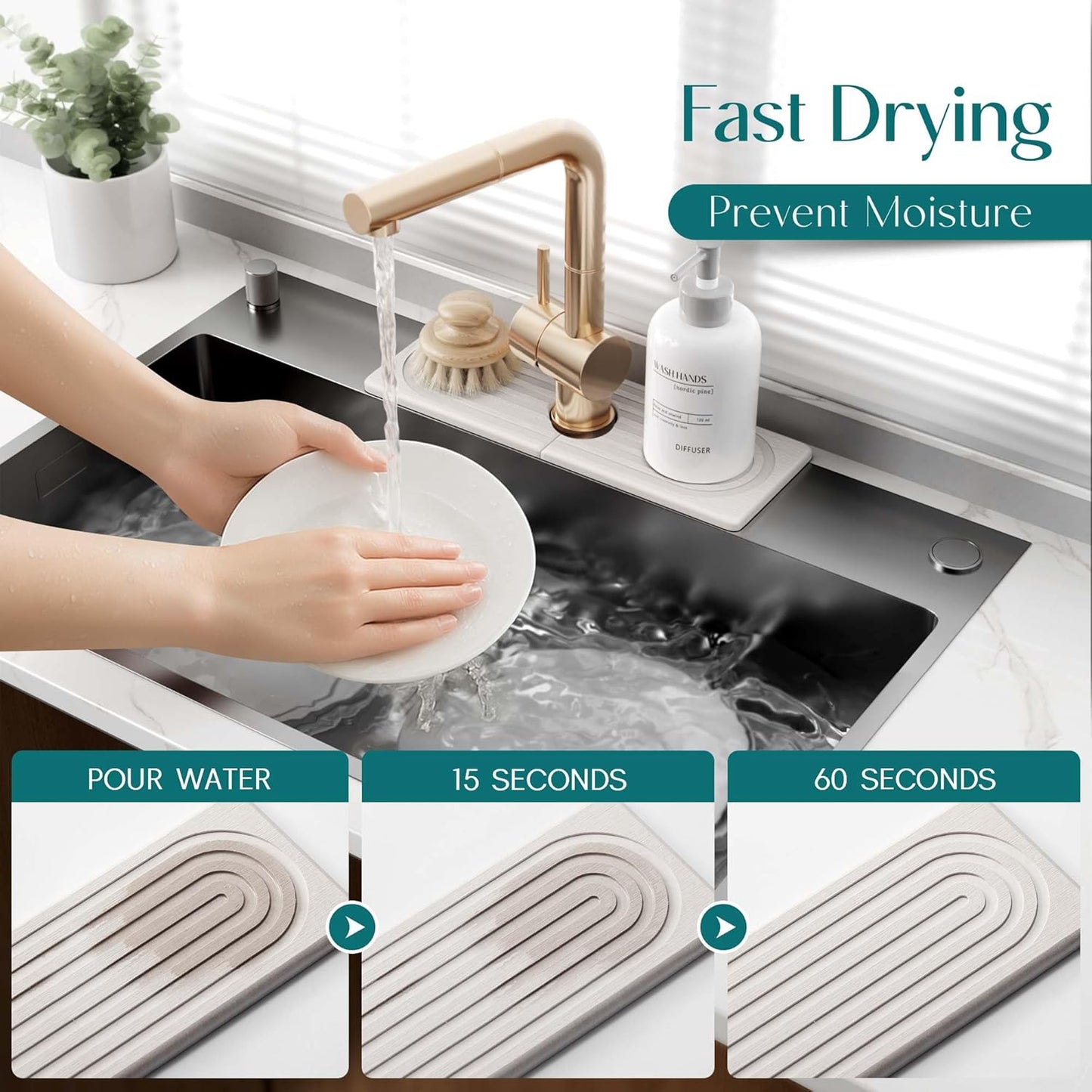 Stone Faucet Mat for Kitchen Sink – Diatomite Drying Stone Mat & Sink Protector, Prevents Moisture – Sink Splash Guard Water-Absorbing Stone Tray for Bathroom Counter (Light Grey, 20" x 3.9")
