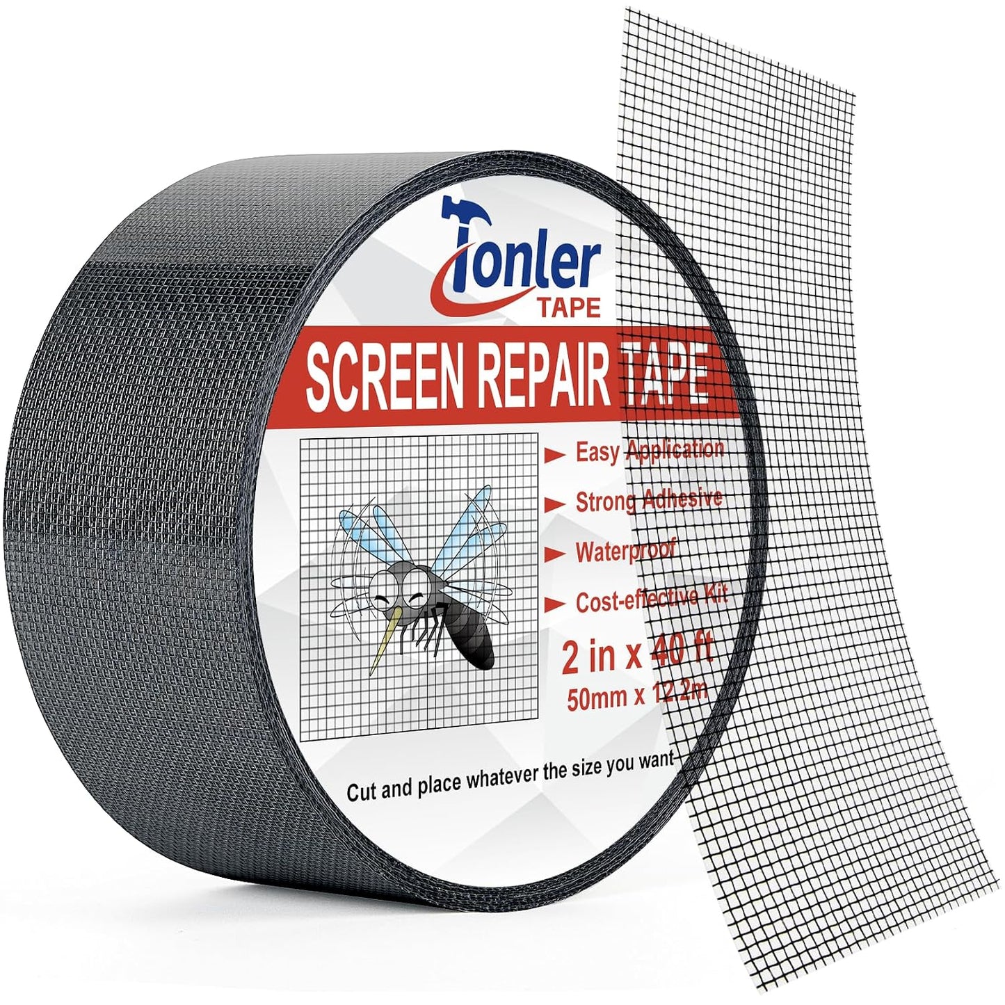 Gray Window Screen Repair Tape 2" x 40FT Fiberglass Strong Adhesive | Waterproof fiberglass mesh repair patch, fixes holes and tears, easy to cut and stick for window door screen repair