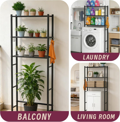 3-Tier Over The Toilet Storage Cabinet with Paper Holder and 4 Hooks, Metal Over Toilet Bathroom Organizer and Storage Shelf, Bathroom Shelves for Living Room/Laundry/Balcony(Black)