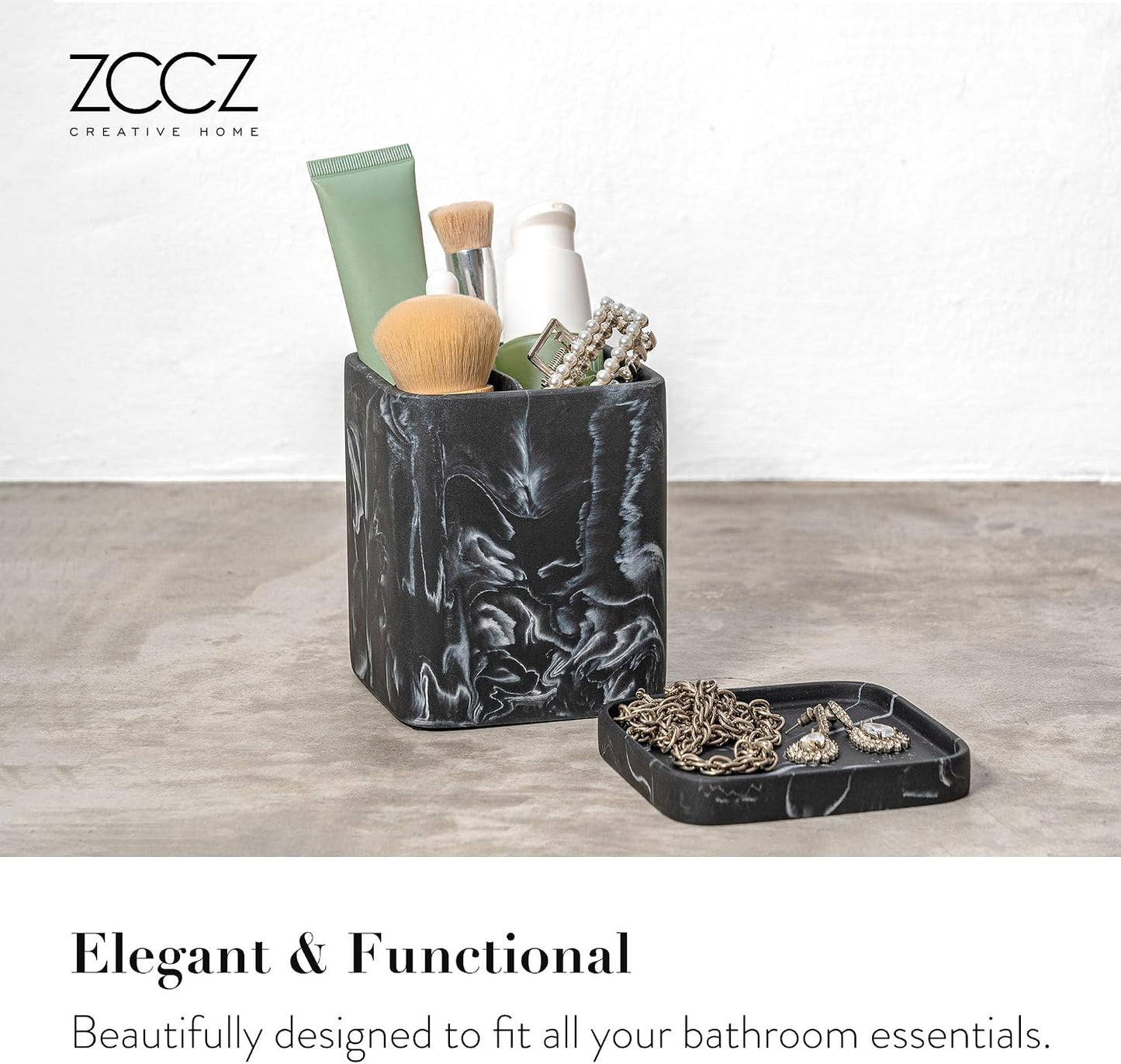 Marble Look Toothbrush Holder for Bathroom Countertop Organizer, Holds Toothpaste, Dental Floss, Razor, Comb, Makeup Brushes, and More, Stylish Bathroom Accessory for Tooth Brushing Essentials